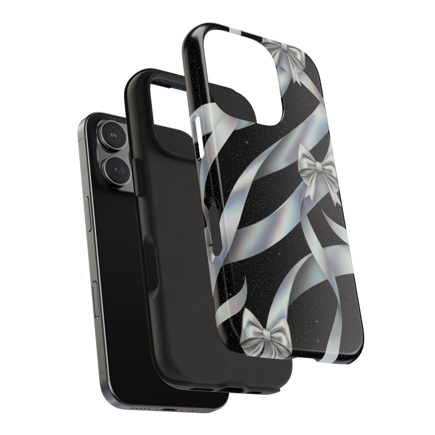 Silver Ribbon Bow Tough Phone Case — Glitter Black Protective Phone Case