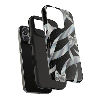 Silver Ribbon Bow Tough Phone Case — Glitter Black Protective Phone Case