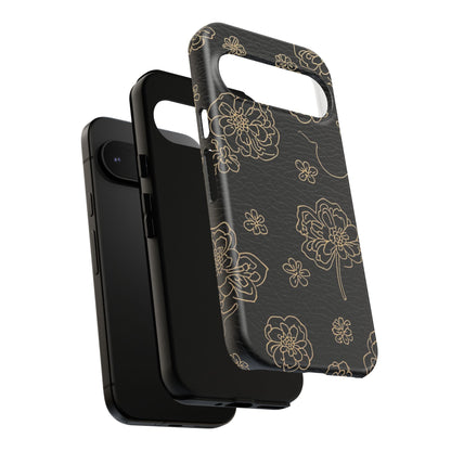 Floral Leather-Texture Tough Case – Black Gold Outline Phone Cover
