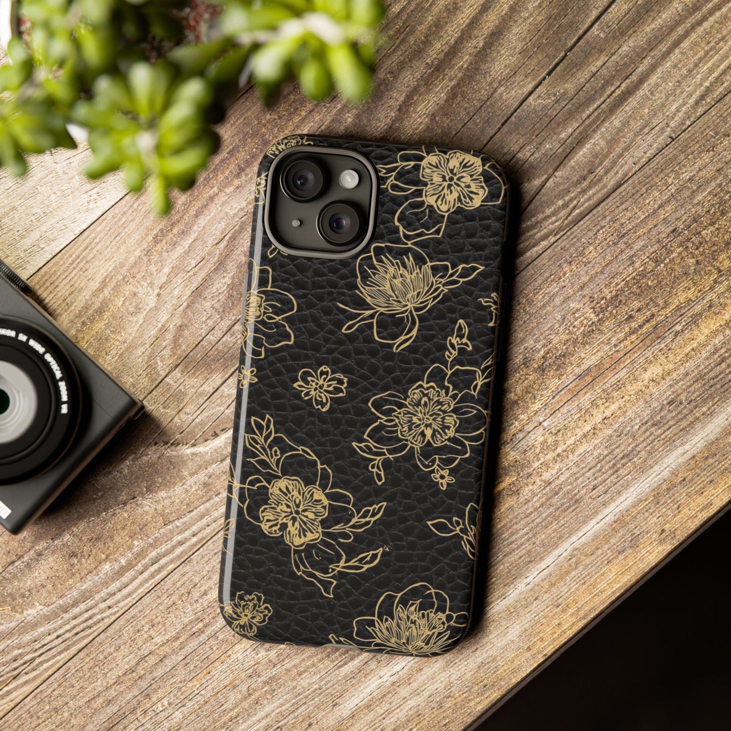 Floral Leather Phone Case — Gold Outline Flowers on Black Tough Case