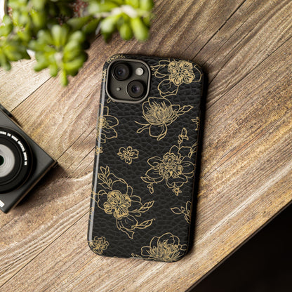 Floral Leather Phone Case — Gold Outline Flowers on Black Tough Case