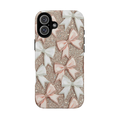 Glitter Bow Tough Phone Case — Pink & White Ribbon Protective Cover