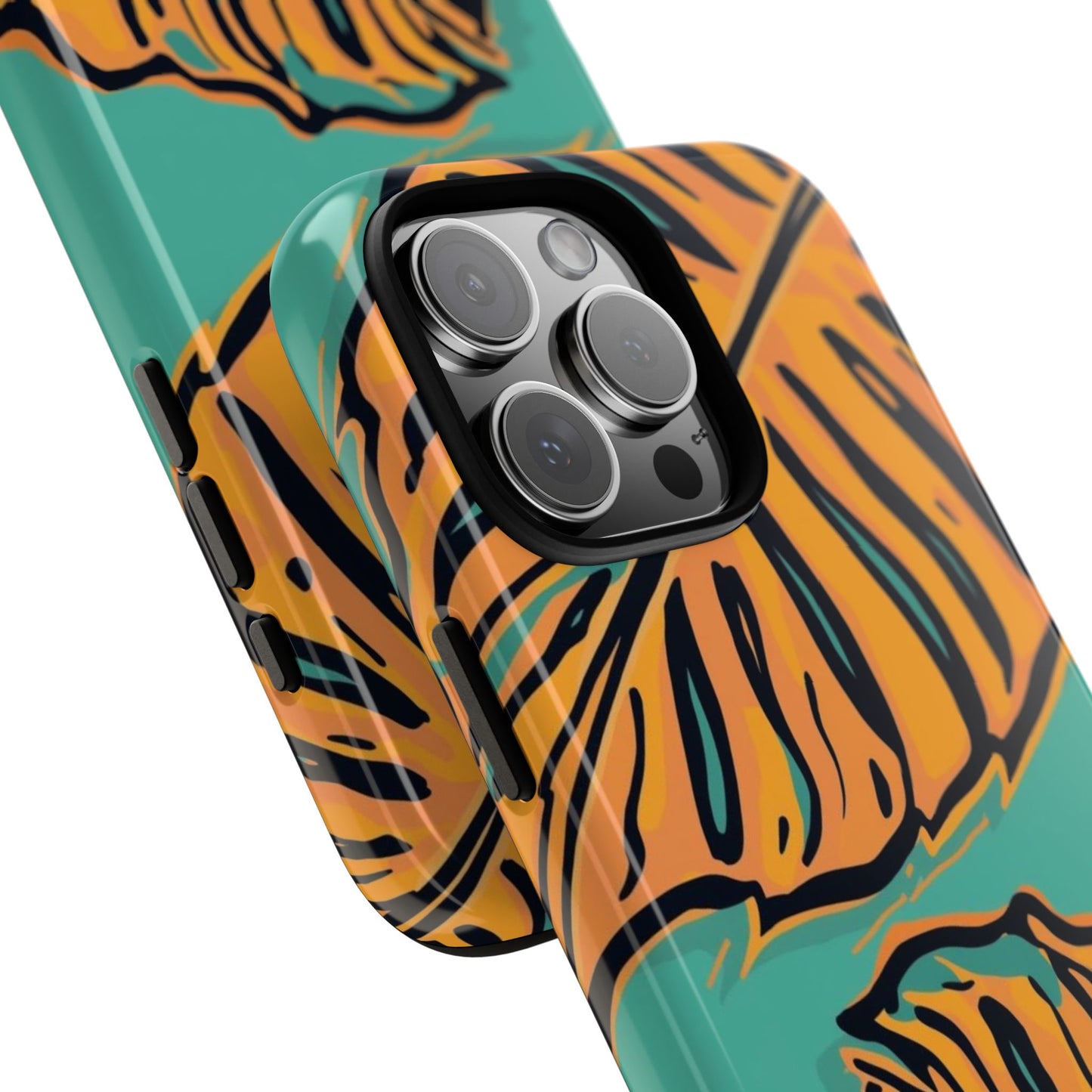 Tropical Leaf Tough Phone Case — Orange Monstera Design on Teal