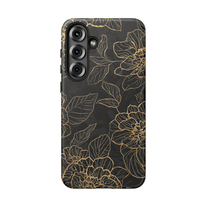 Floral Gold Outline Tough Phone Case – Black Botanical Protective Cover