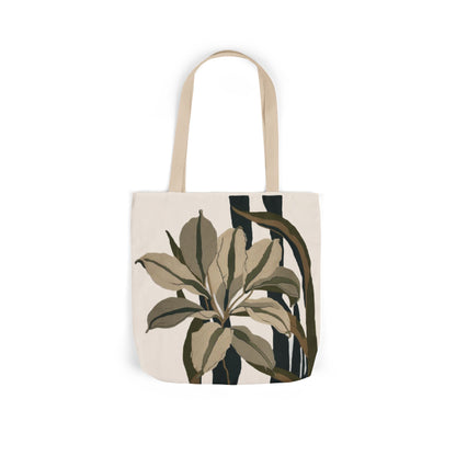 Botanical Stripe Canvas Tote — Neutral Leaf Print Tote Bag