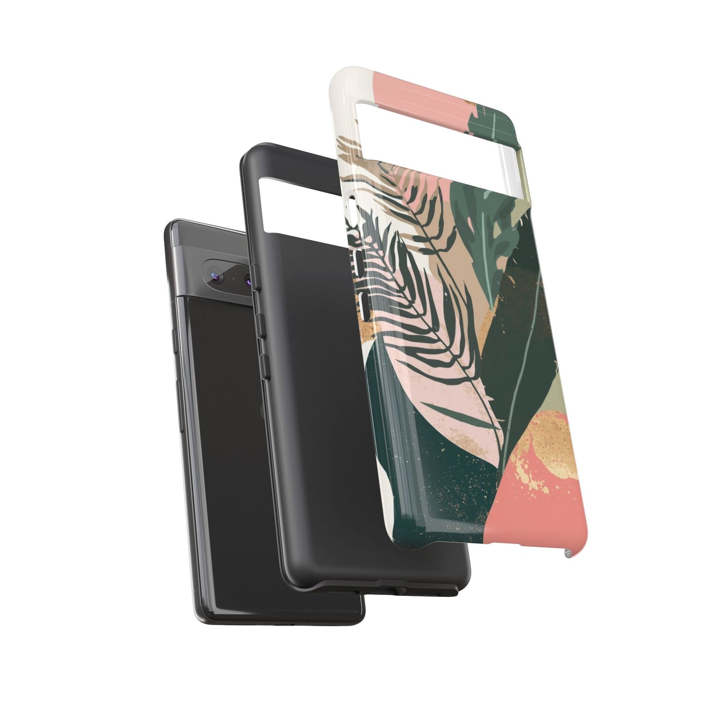 Tropical Leaf Tough Phone Case — Abstract Pink & Green Botanical Protective Cover