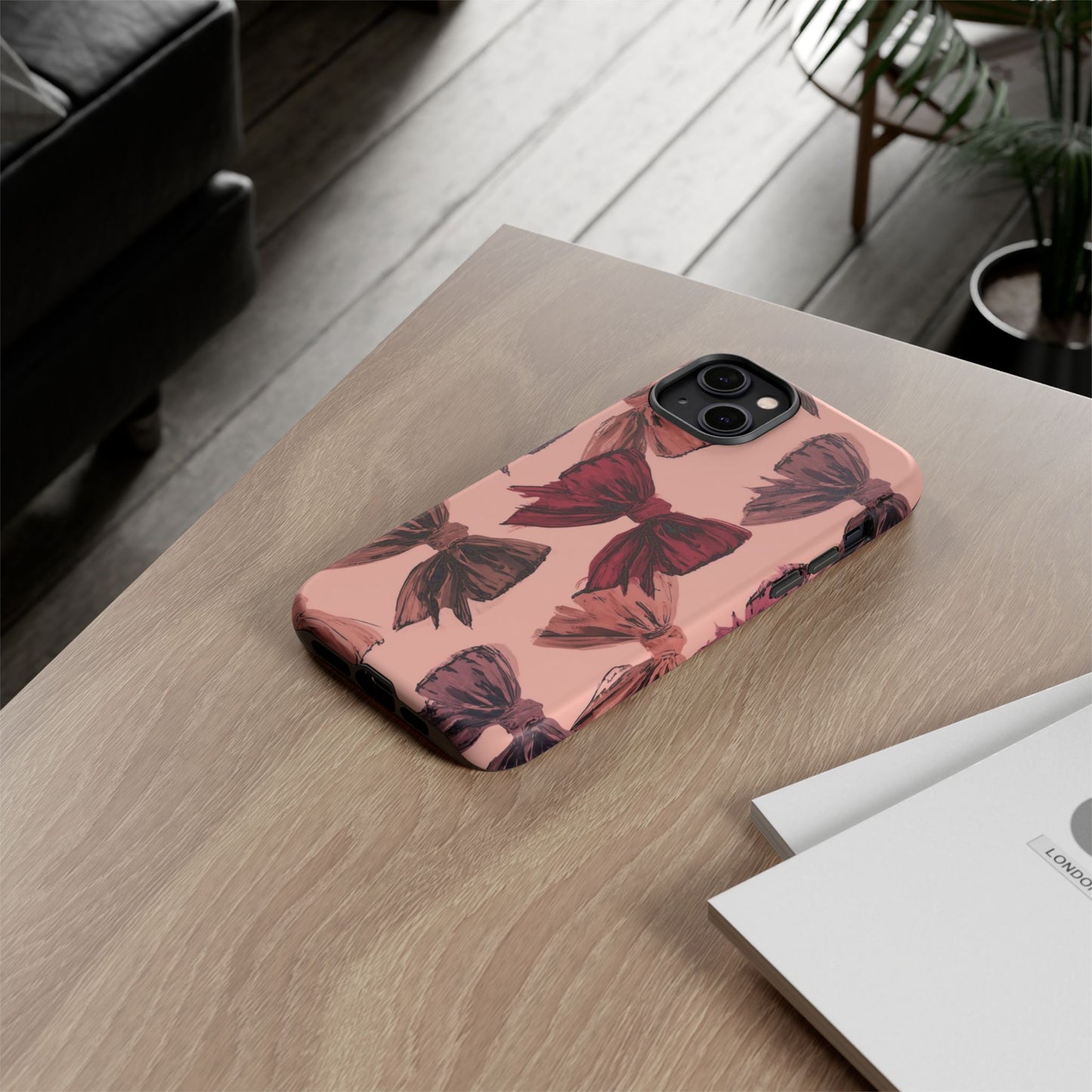 Bow Pattern Tough Phone Case — Pink Watercolor Bows Protective iPhone Cover