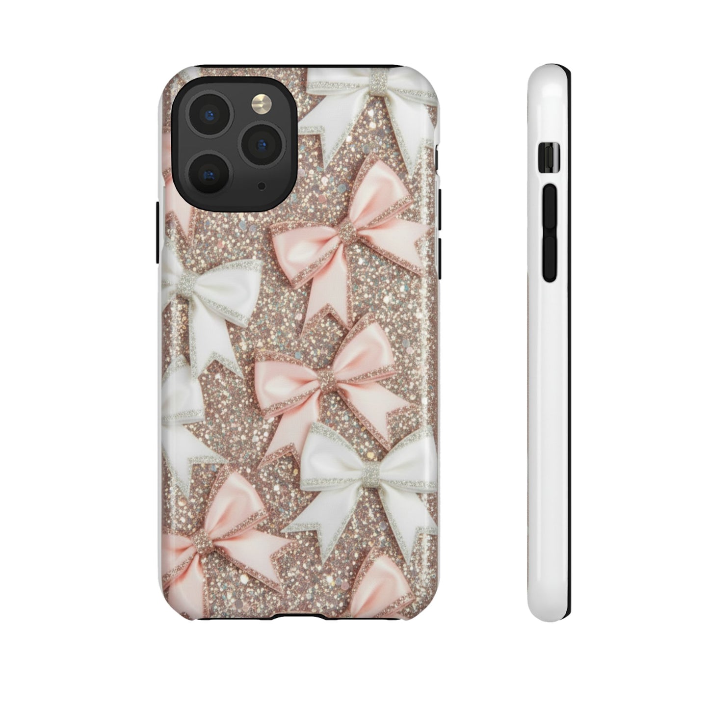 Glitter Bow Tough Phone Case — Pink & White Ribbon Protective Cover