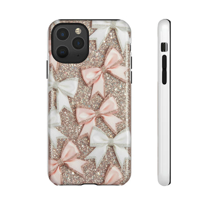 Glitter Bow Tough Phone Case — Pink & White Ribbon Protective Cover