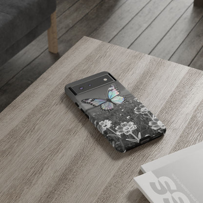 Butterfly Field Tough Phone Case — Pastel Holographic Butterfly on Black & White Floral Background