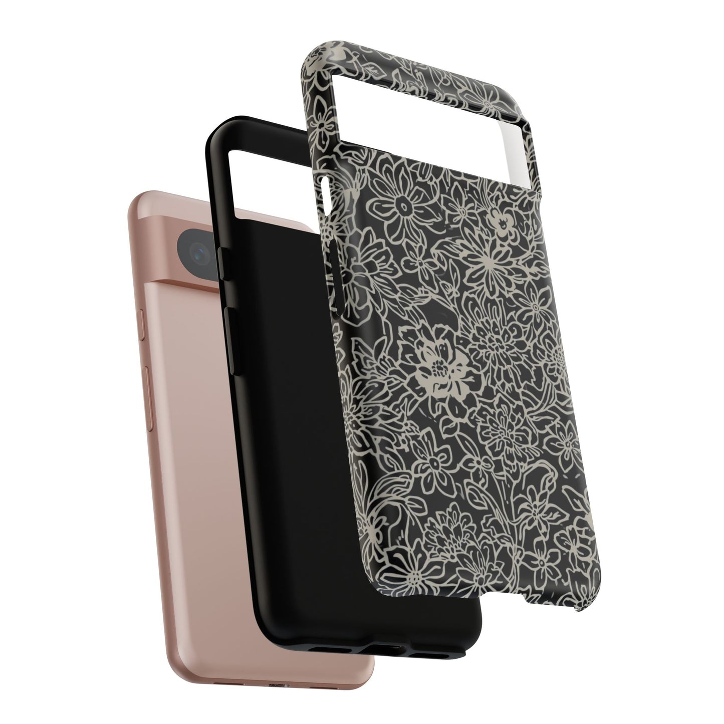 Floral Doodle Tough Phone Case — Black & White Sketch Flower Protective Cover