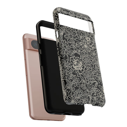 Floral Doodle Tough Phone Case — Black & White Sketch Flower Protective Cover