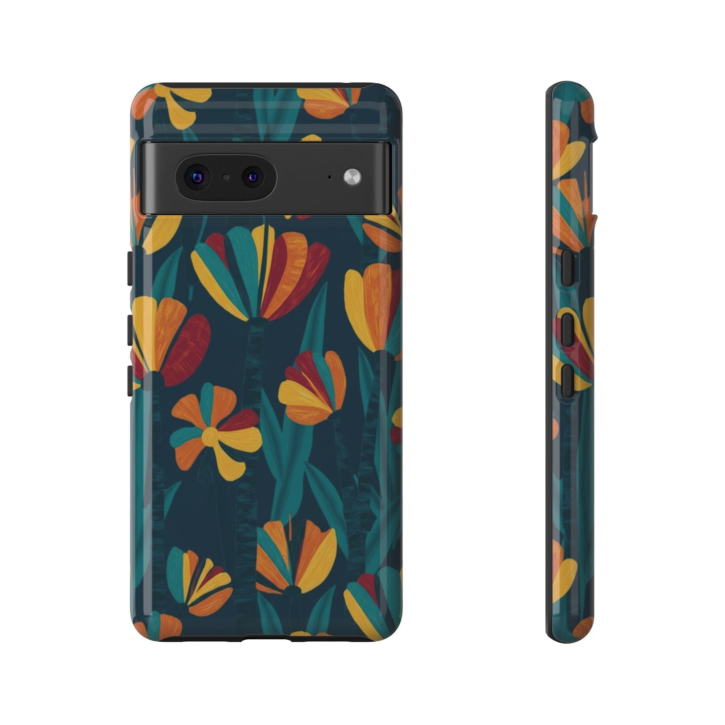 Floral Retro Teal Tough Phone Case — Vibrant Orange & Mustard Blooms