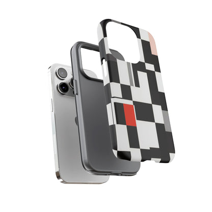 Abstract Geometric Phone Case – Black & White Checker Grid with Red Accent
