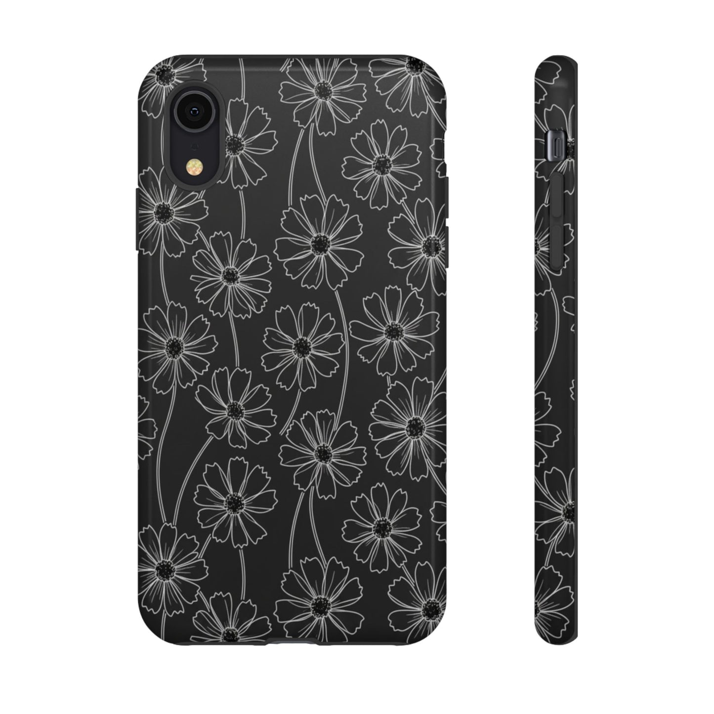 Floral Doodle Tough Phone Case — Black & Gray Daisy Pattern