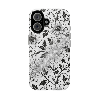 Floral Lace Phone Case — Black & White Vintage Flower Protective Case