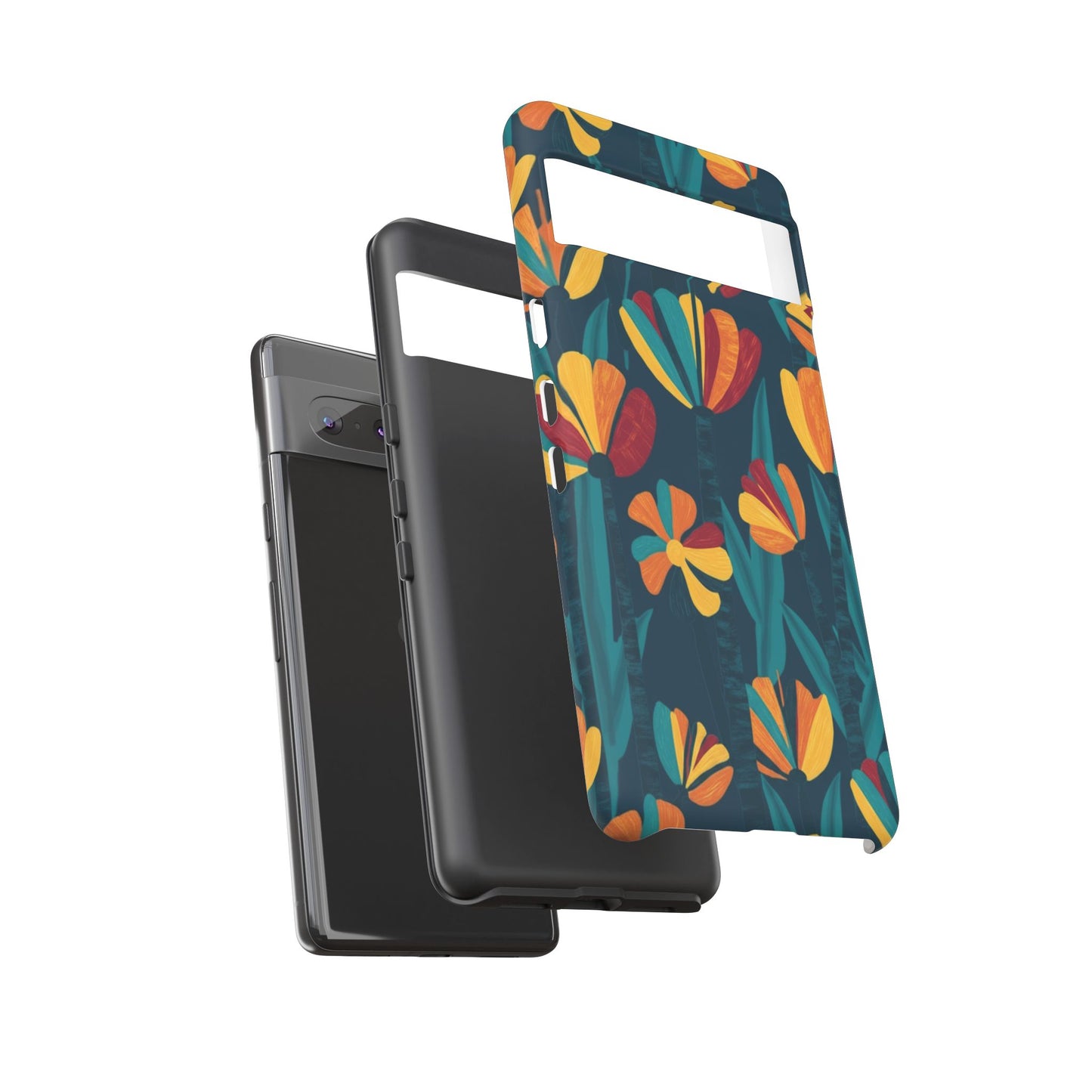 Floral Retro Teal Tough Phone Case — Vibrant Orange & Mustard Blooms