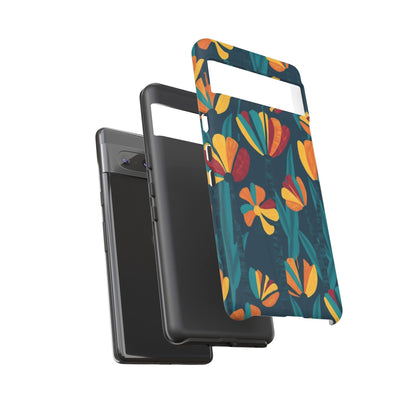 Floral Retro Teal Tough Phone Case — Vibrant Orange & Mustard Blooms