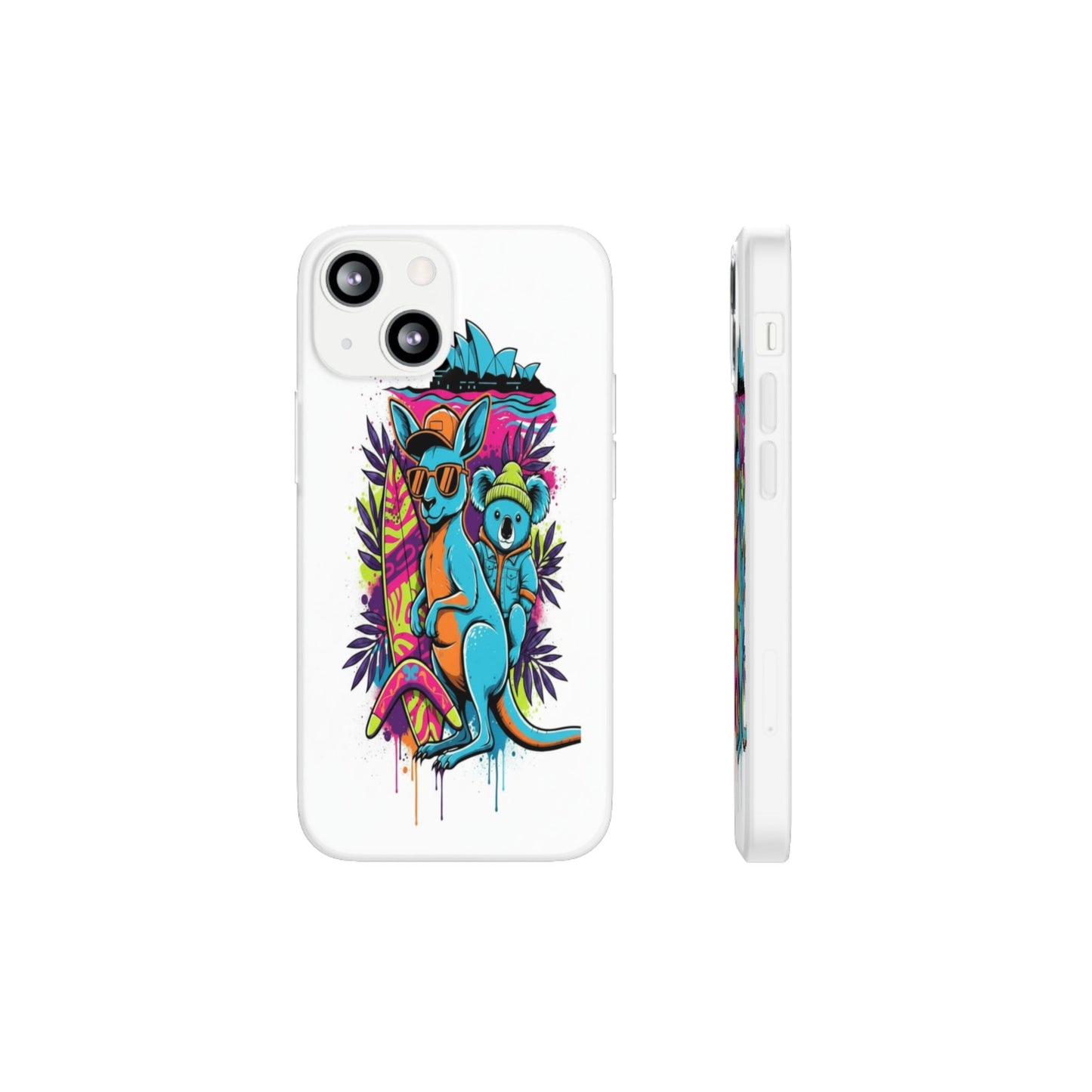 Kangaroo & Koala Surf Phone Case — Neon Aussie Beach Vibes Flexible Case