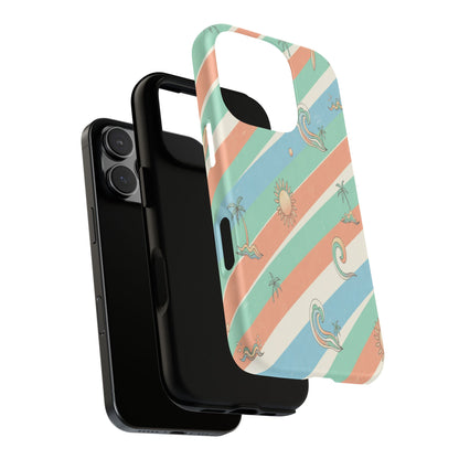 Retro Beach Stripes Phone Case — Sun, Waves & Palm Pattern Tough Case