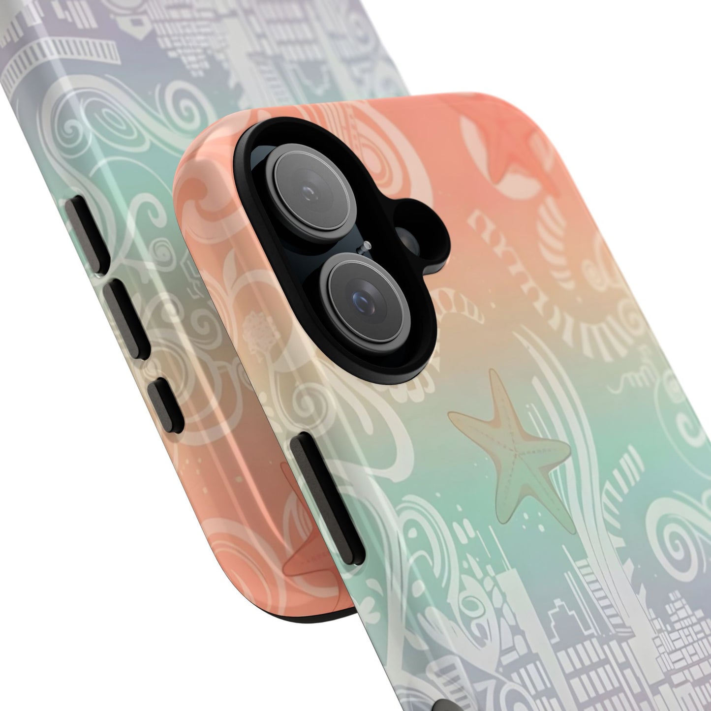 Tough Cases: Pastel Beach Pattern Phone Case — Starfish & Coastal Cityscape Protective Cover