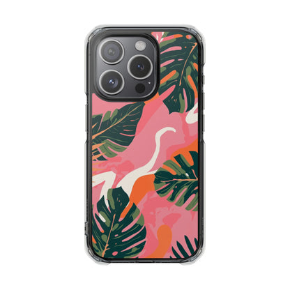Clear Magnetic Phone Case — Tropical Pink Monstera Design