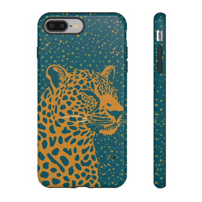 Leopard Print Tough Phone Case — Gold Panther on Teal, Protective iPhone Cover