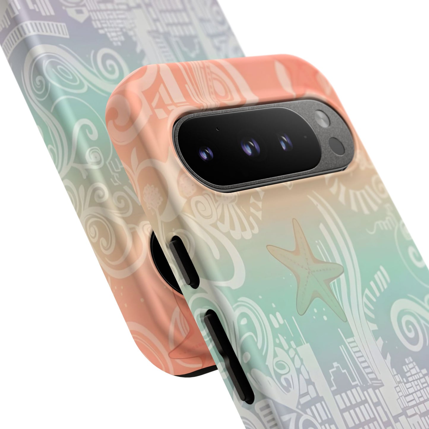 Tough Cases: Pastel Beach Pattern Phone Case — Starfish & Coastal Cityscape Protective Cover