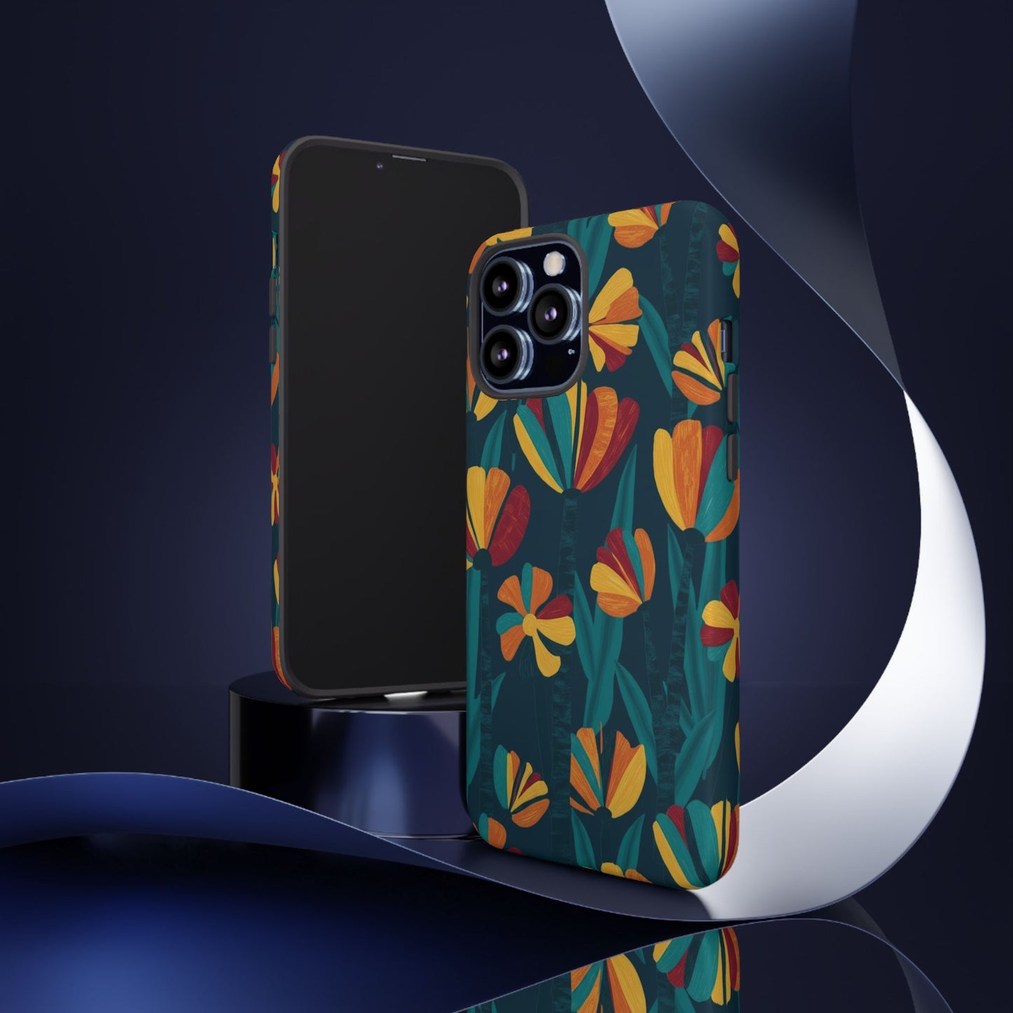 Floral Retro Teal Tough Phone Case — Vibrant Orange & Mustard Blooms
