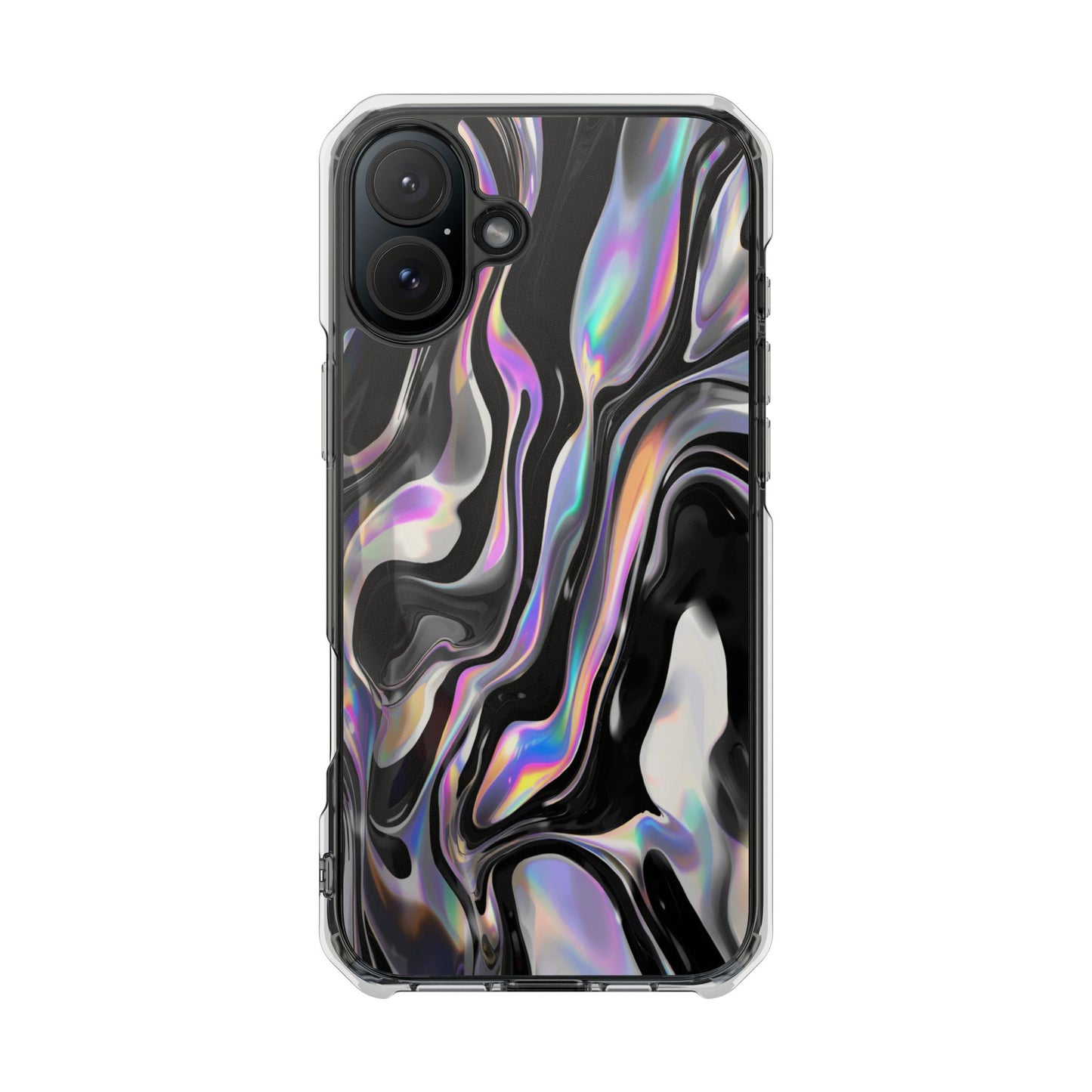 Magnetic Clear Impact Phone Case — Iridescent Black Marble Design