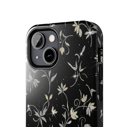Floral Noir Tough Phone Case — Vintage Black Botanical Protective Cover