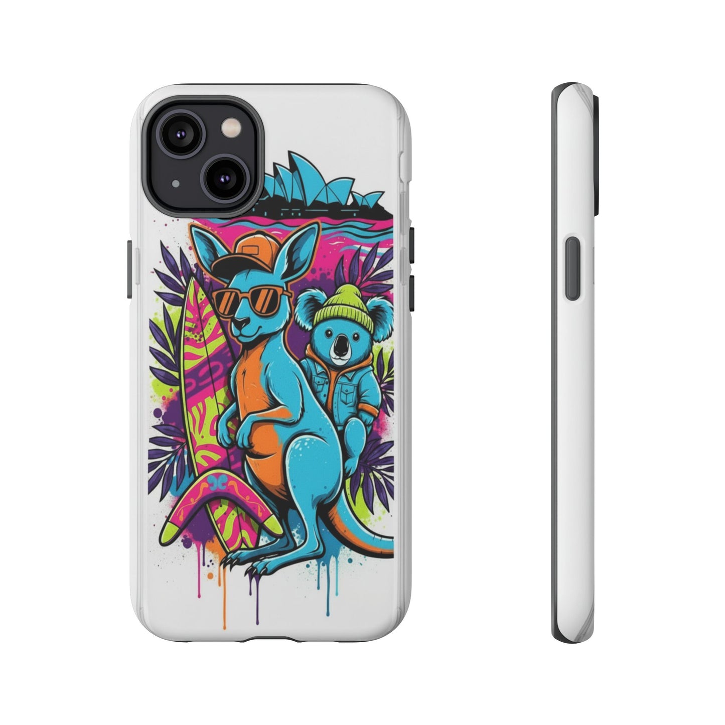 Kangaroo & Koala Surf Phone Case — Retro Neon Beach Art Tough Case