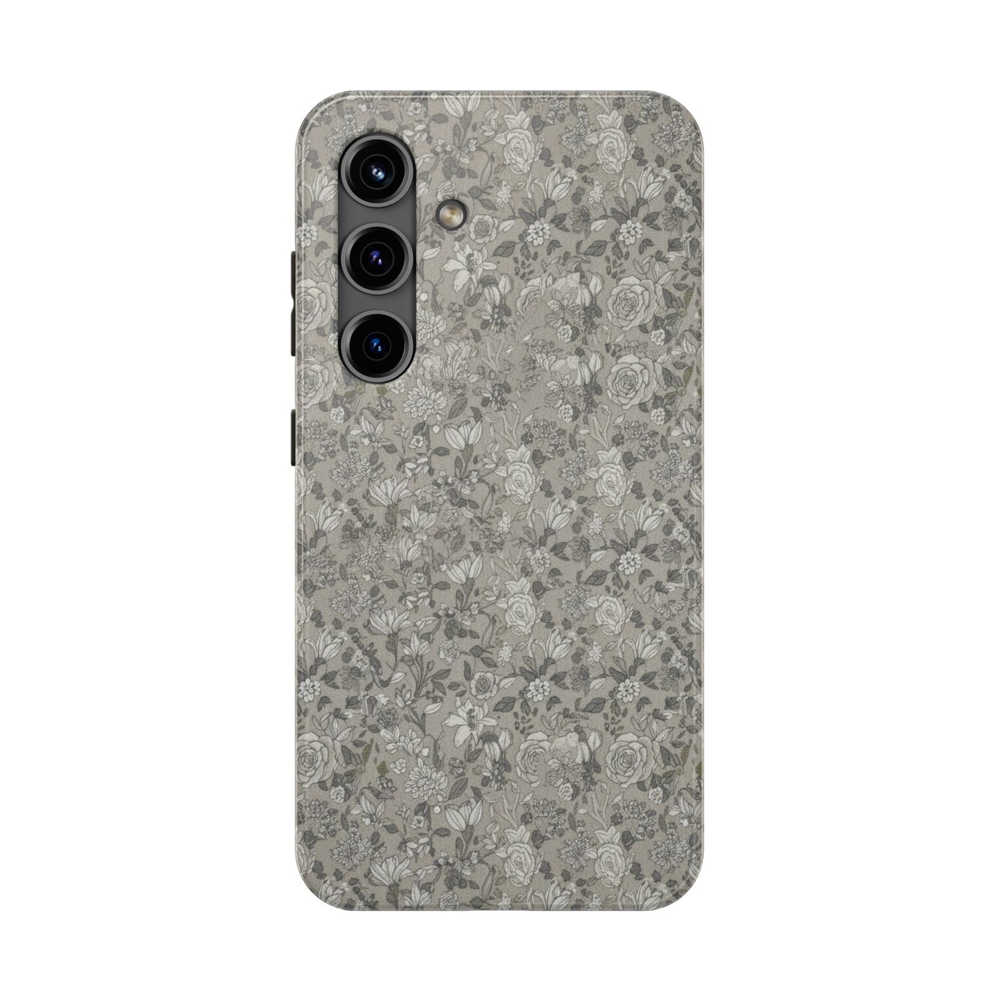 Gray Floral Tough Phone Case — Durable Protective Phone Cover with Vintage Botanical Pattern