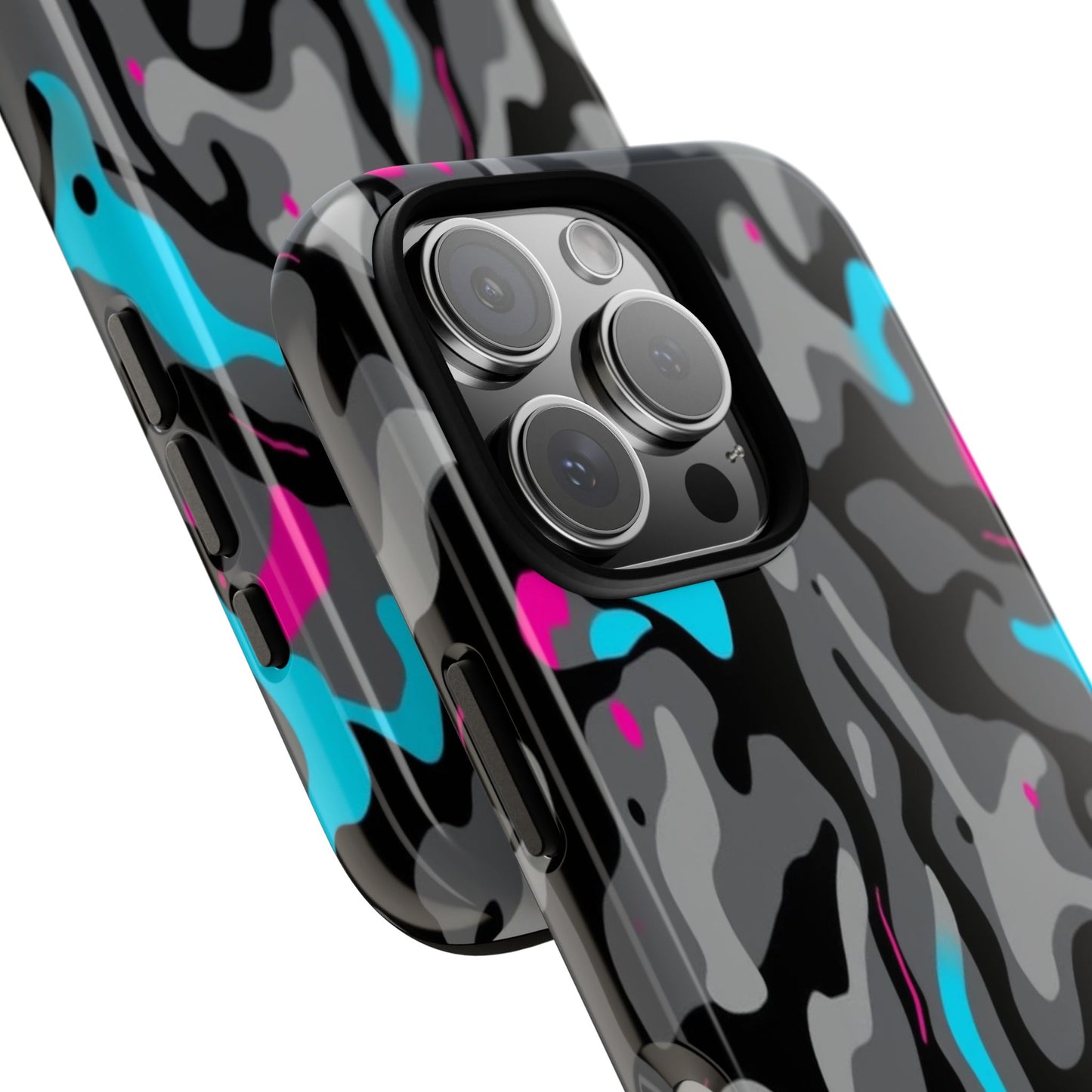 Camouflage Phone Case — Gray Camo with Neon Pink & Cyan Accent Tough Protective Cover