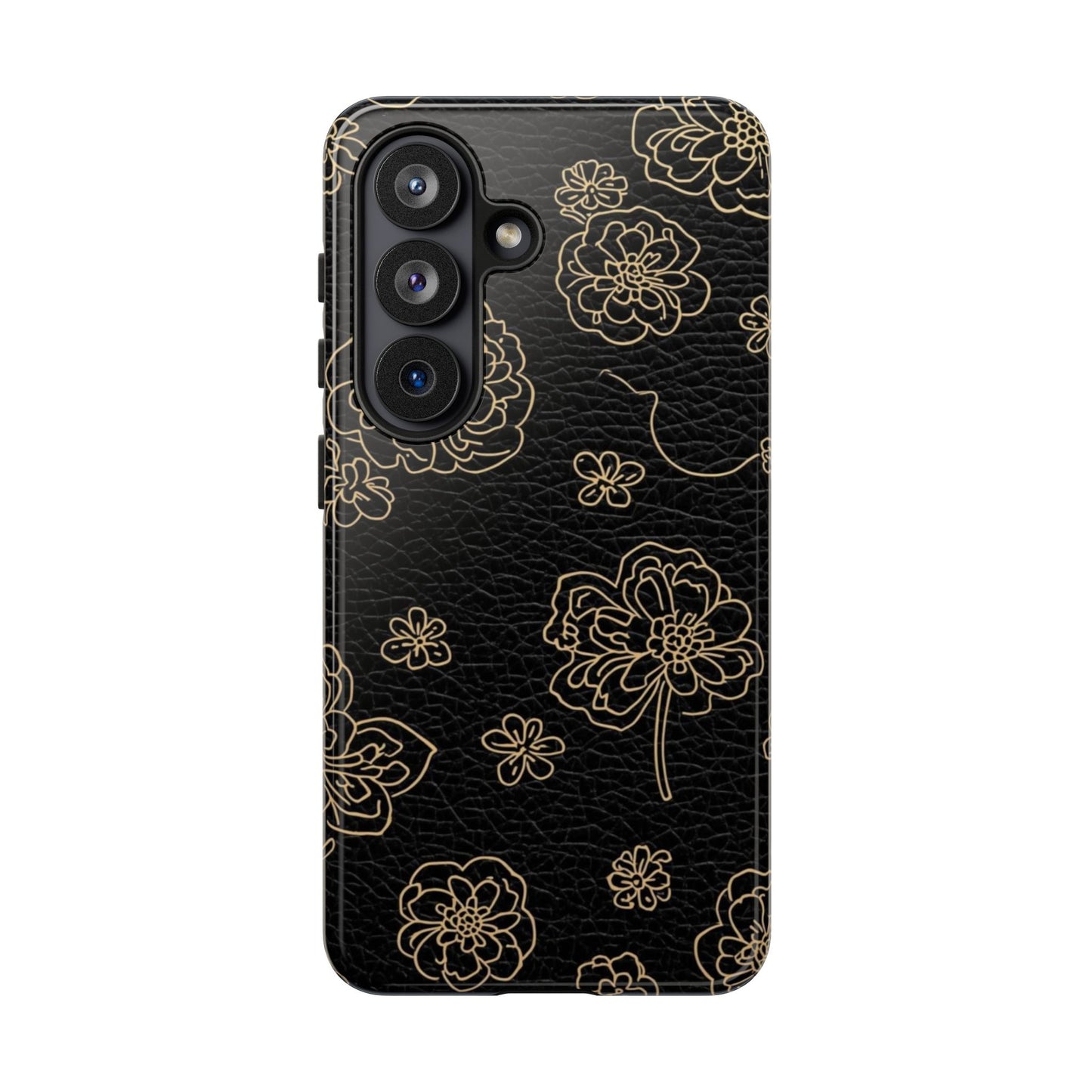 Floral Leather-Texture Tough Case – Black Gold Outline Phone Cover