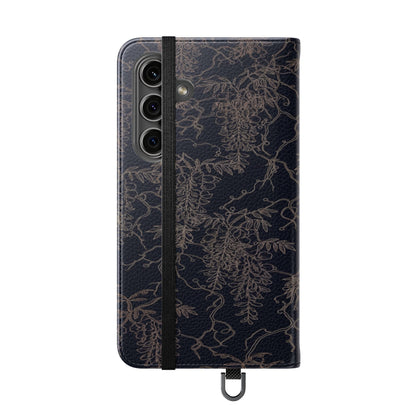 Botanical Noir Flip Phone Case — Dark Floral Wallet Cover with Card Slots