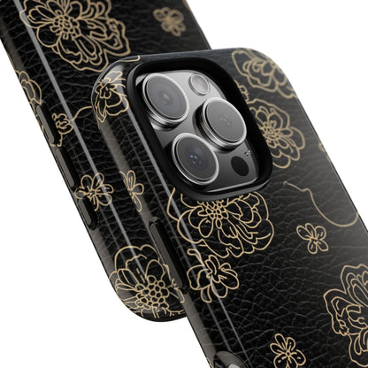 Floral Leather-Texture Tough Case – Black Gold Outline Phone Cover