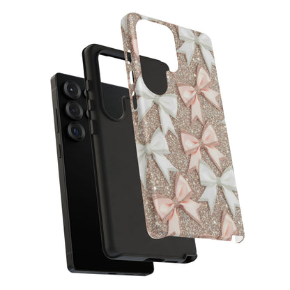 Glitter Bow Tough Phone Case — Pink & White Ribbon Protective Cover