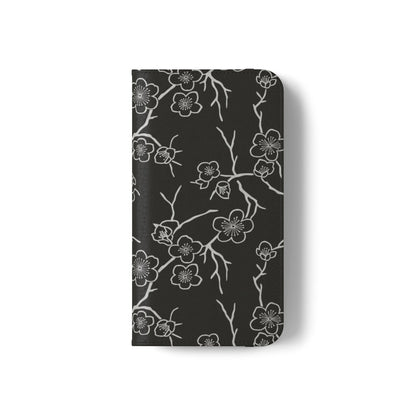 Black Cherry Blossom Flip Phone Case – Floral Wallet Flip Case with Card Slots