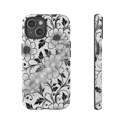 Floral Lace Phone Case — Black & White Vintage Flower Protective Case