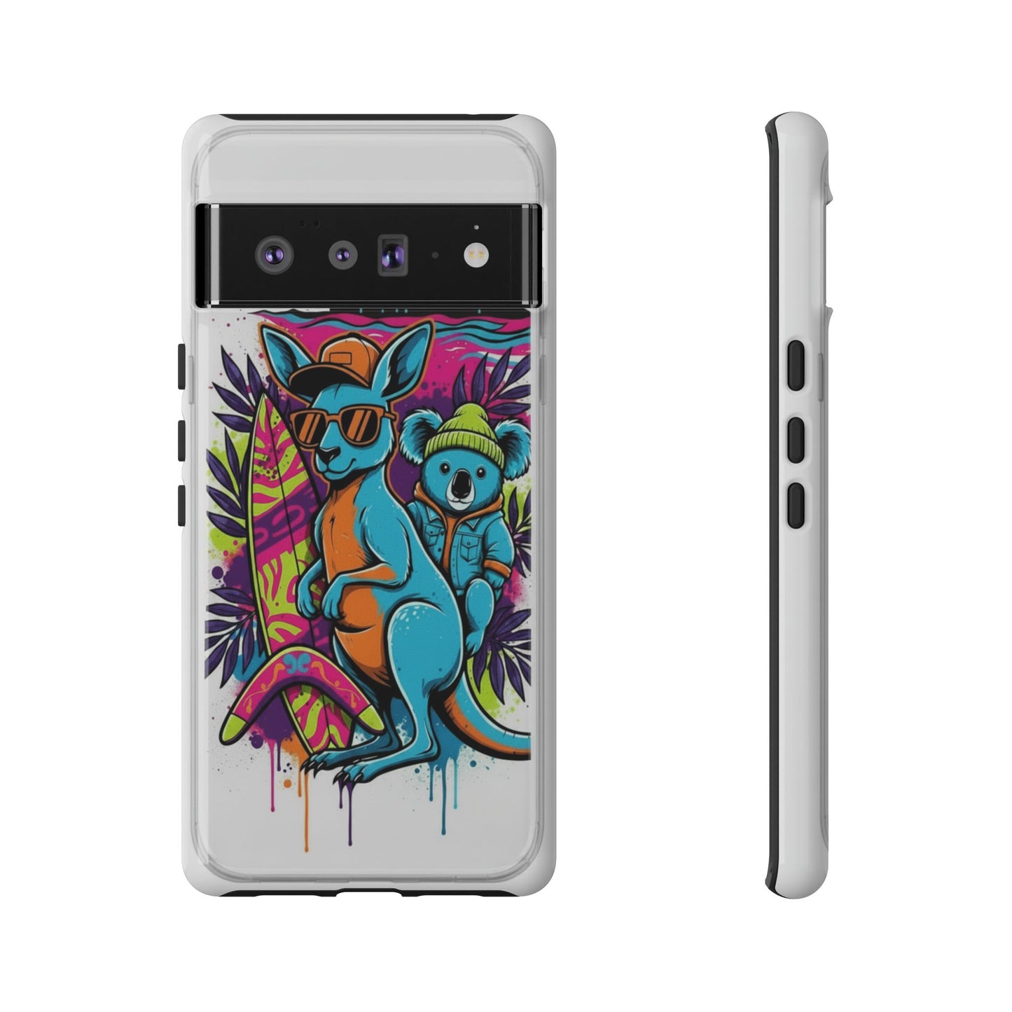 Kangaroo & Koala Surf Phone Case — Retro Neon Beach Art Tough Case