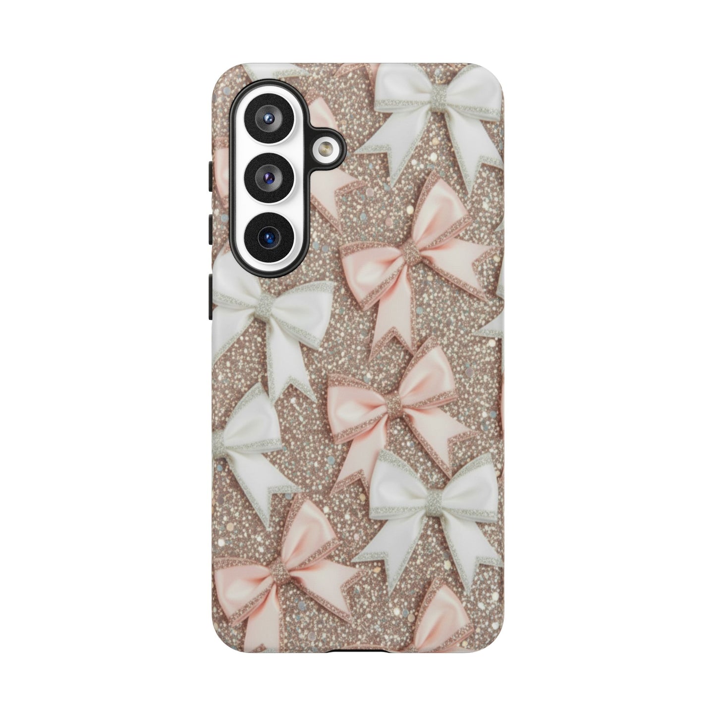 Glitter Bow Tough Phone Case — Pink & White Ribbon Protective Cover