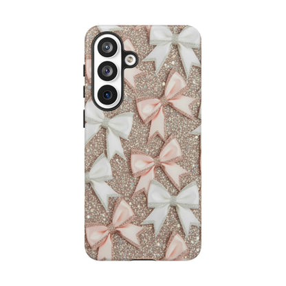 Glitter Bow Tough Phone Case — Pink & White Ribbon Protective Cover