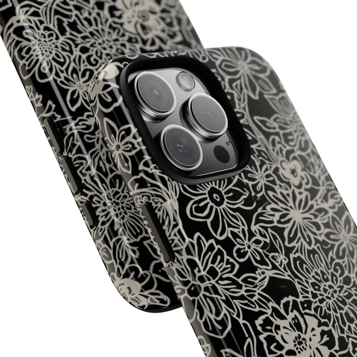 Floral Doodle Tough Phone Case — Black & White Sketch Flower Protective Cover
