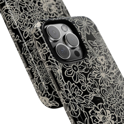 Floral Doodle Tough Phone Case — Black & White Sketch Flower Protective Cover