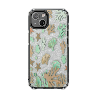 Clear Magnetic Phone Case — Sea Shell & Coral Glitter Design