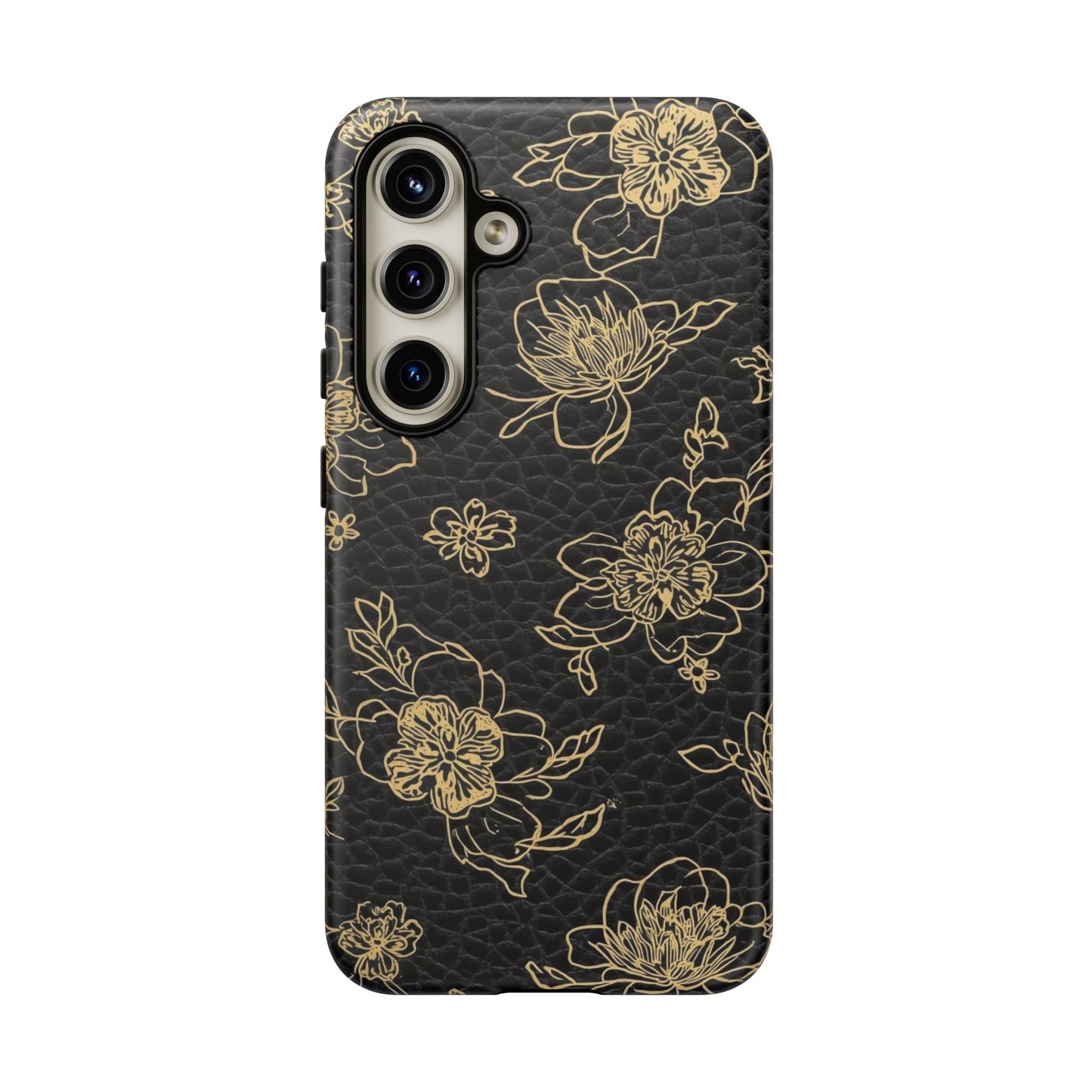 Floral Leather Phone Case — Gold Outline Flowers on Black Tough Case