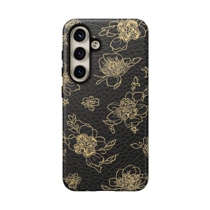 Floral Leather Phone Case — Gold Outline Flowers on Black Tough Case