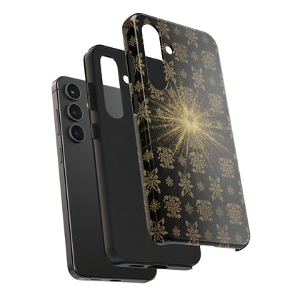 Glitter Burst Tough Phone Case — Black & Gold Floral Protective Cover
