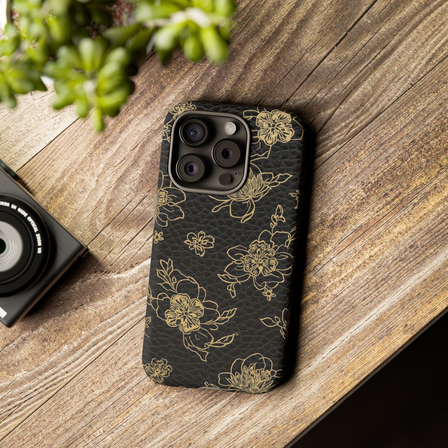 Floral Leather Phone Case — Gold Outline Flowers on Black Tough Case